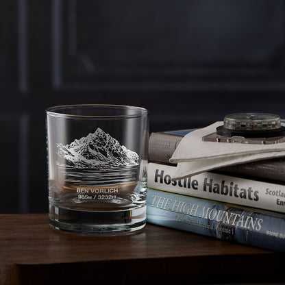 Whisky tumbler with Ben Vorlich mountain engraving on a stack of hillwalking books