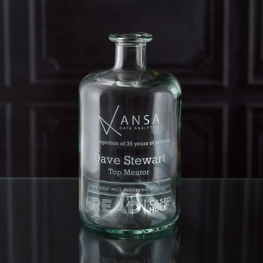 Company retirement decanter engraved with corporate logo and personalised message of thanks