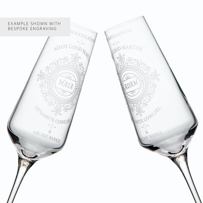 pair of bespoke engraved champagne flutes customised with couples names and personalised messages