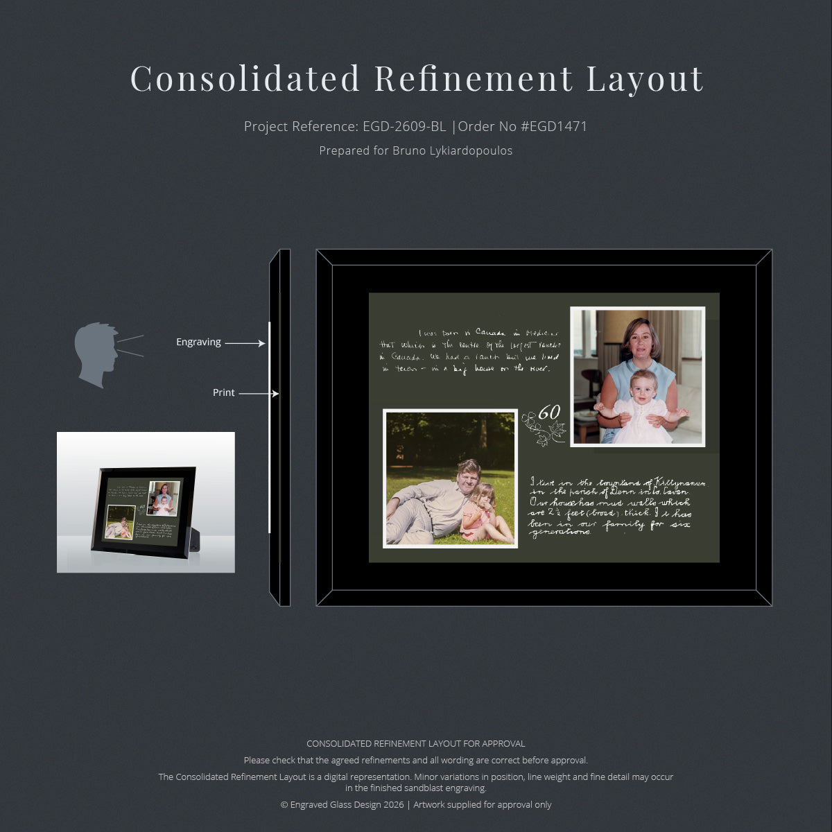 Approved design layout combining family photographs and handwriting for the bespoke glass frame