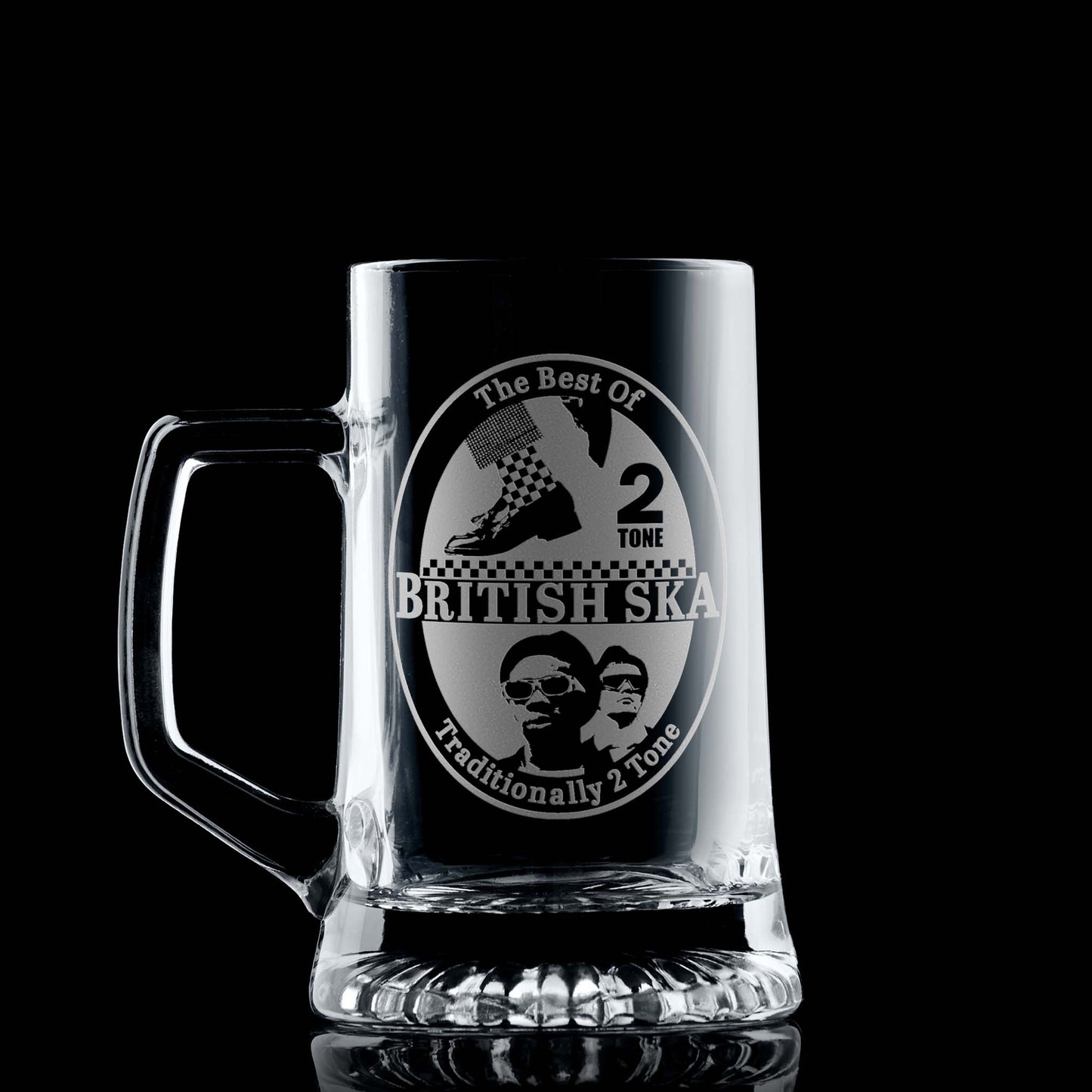 British ska engraved glass tankard illustrated with 2 tone and checkerboard designs