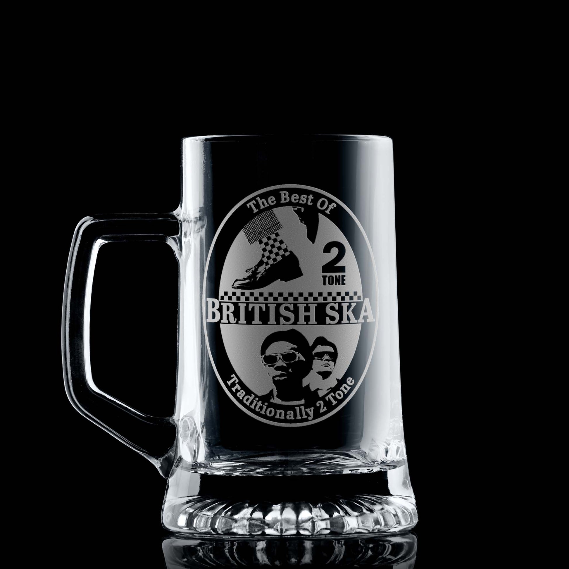 British ska engraved glass tankard illustrated with 2 tone and checkerboard designs