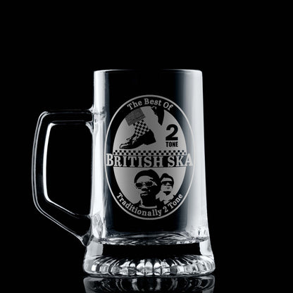 British ska engraved glass tankard illustrated with 2 tone and checkerboard designs