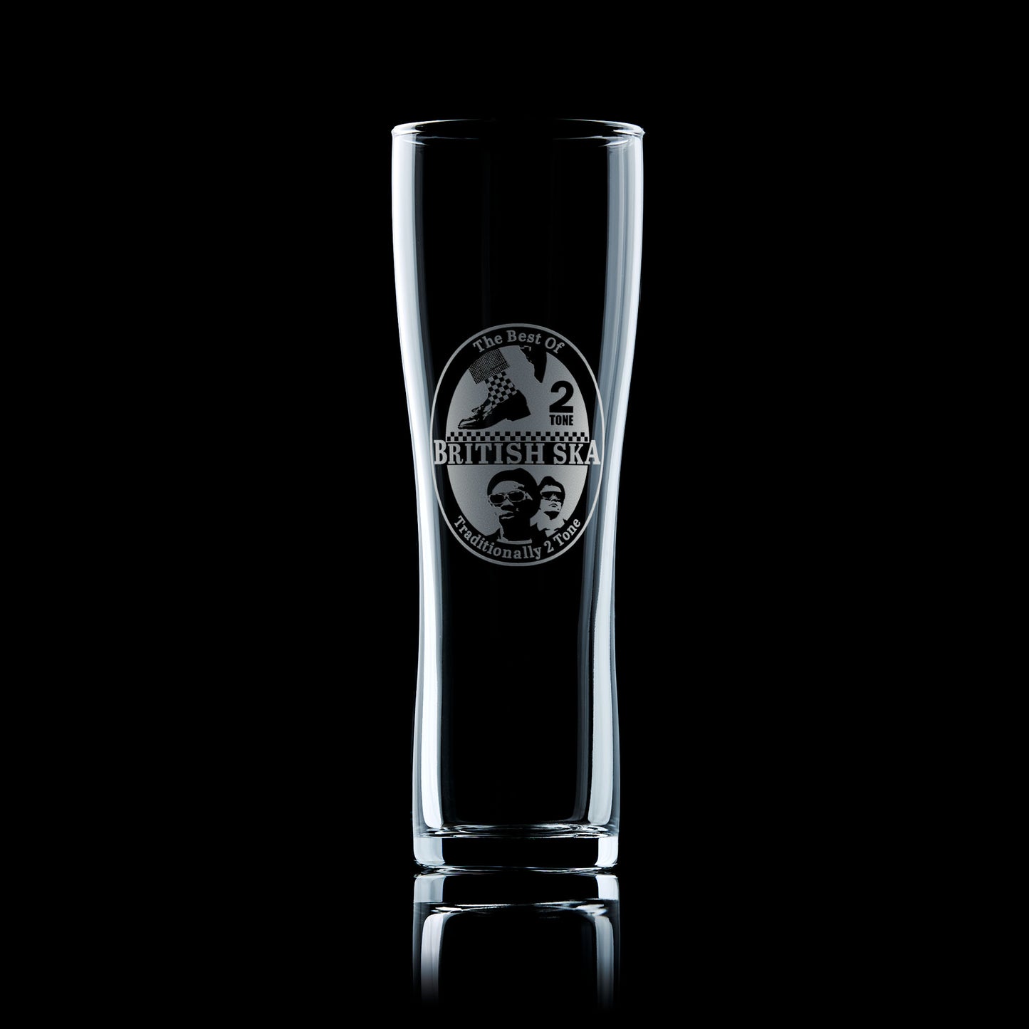 tall pint glass engraved with a britsh ska design