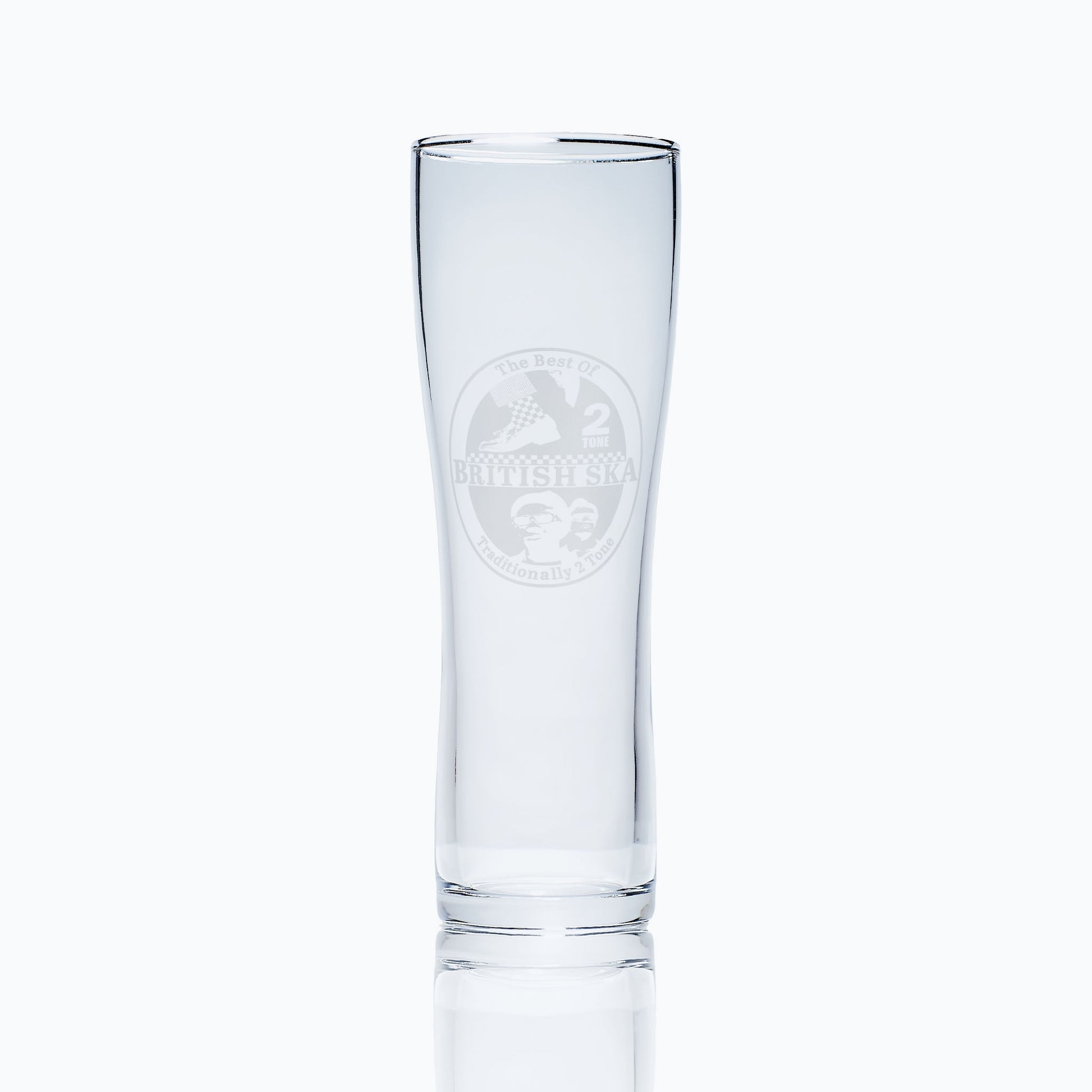 tall pint glass engraved with a britsh ska design