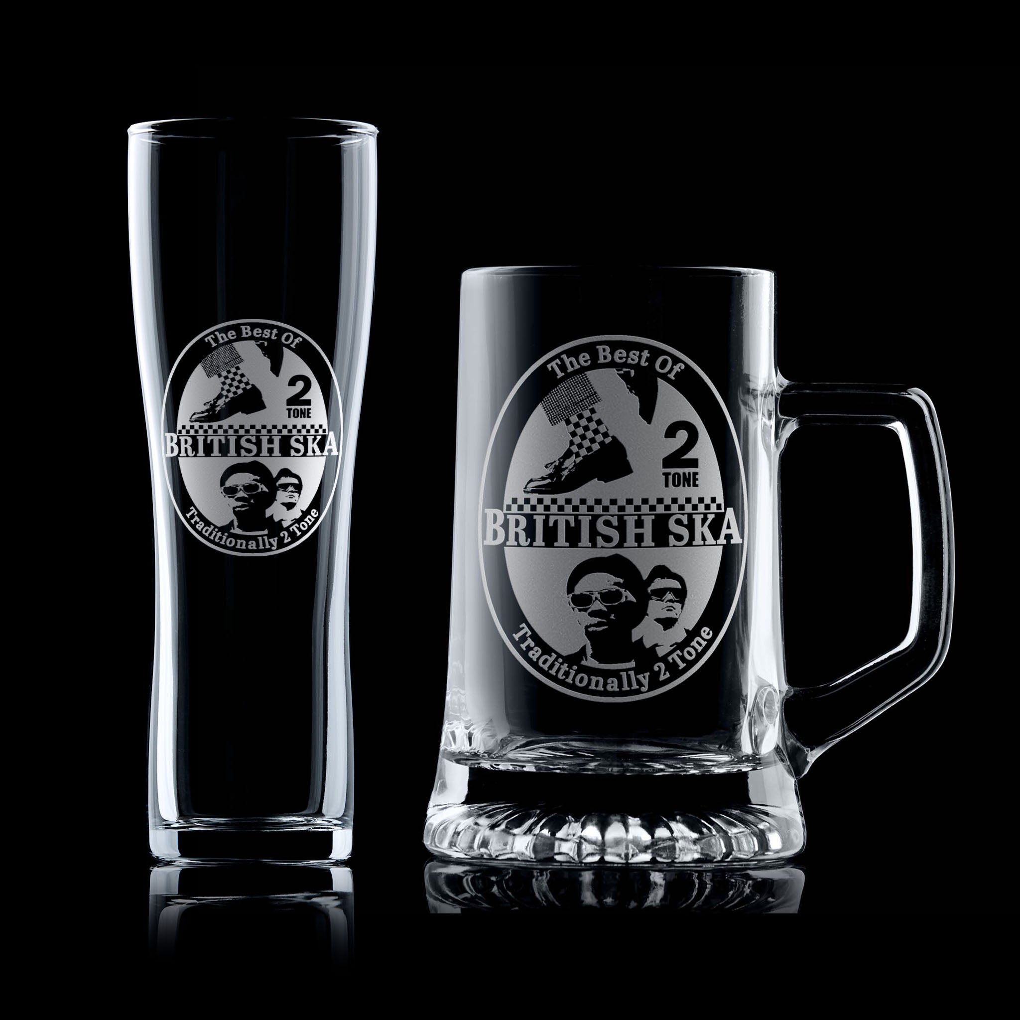 SKA pint glass and tankard engraved with traditionally 2 tone and checkerboard designs