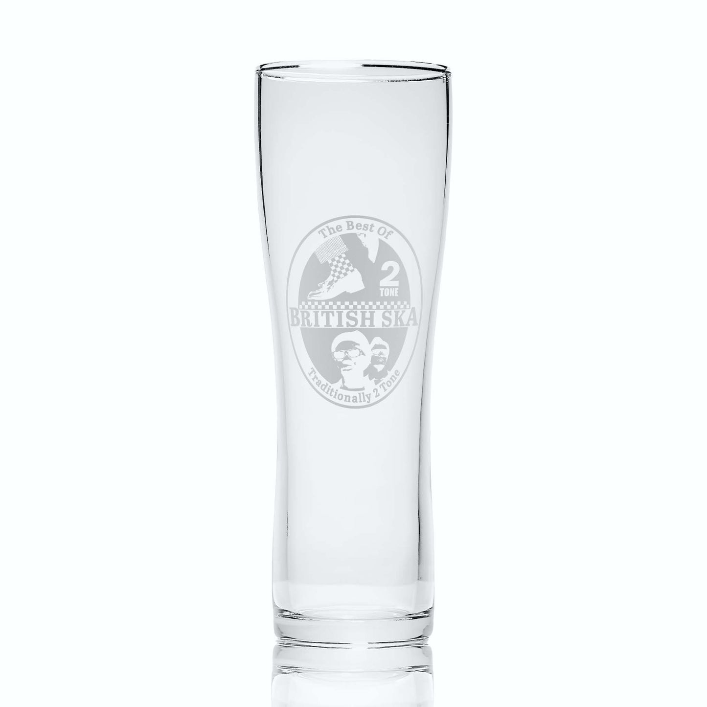 tall pint glass engraved with a britsh ska design