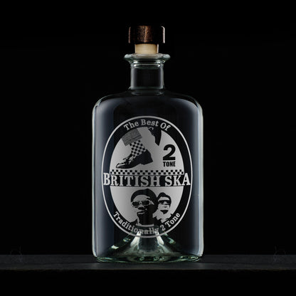 Engraved glass decanter featuring ska and Two Tone inspired oval design in the style of a vintage beermat