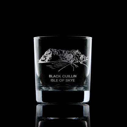whisky tumbler engraved with black cuillin mountains on the isle of skye