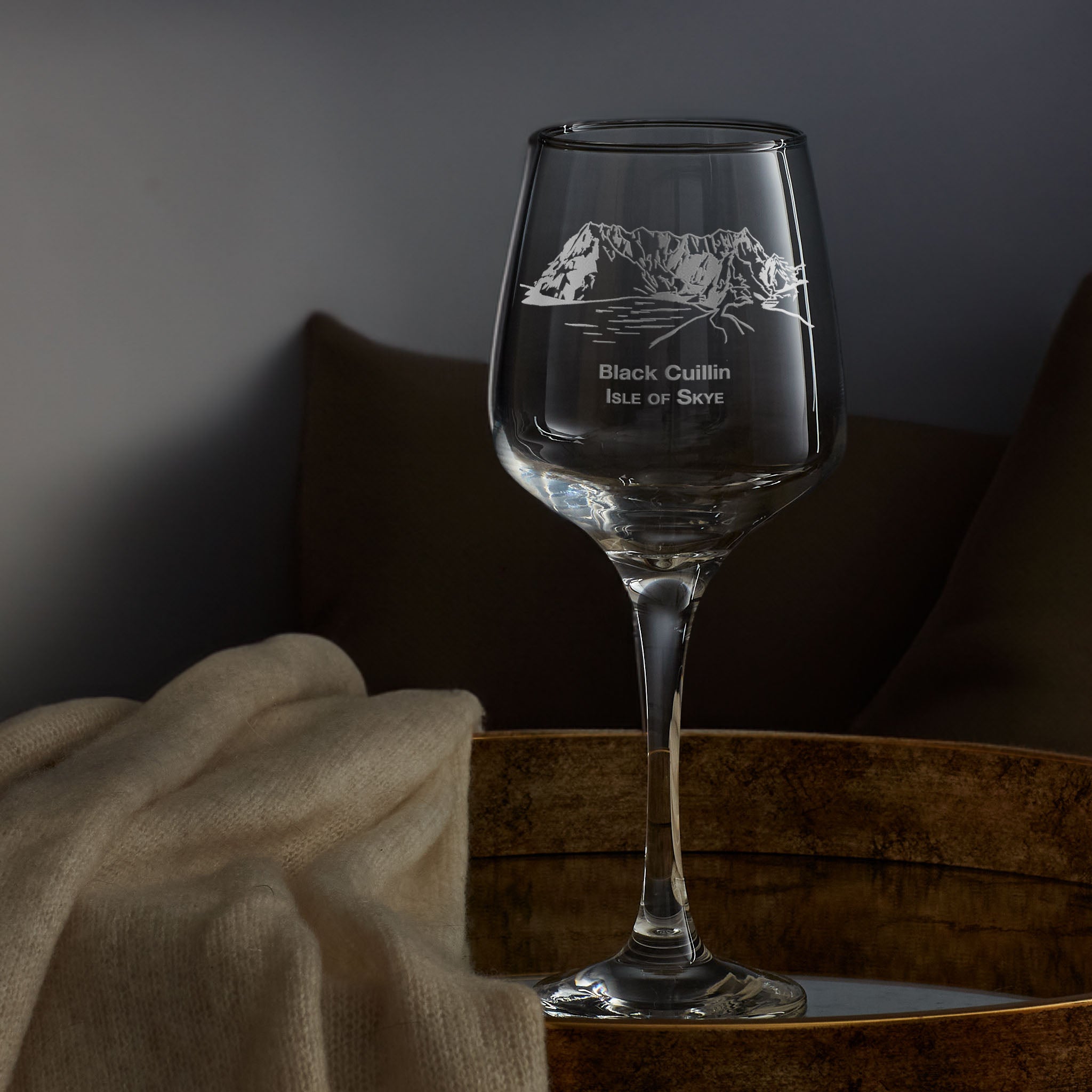 Personalised wiine glass engraved with the Black Cuillin, Isle of Skye