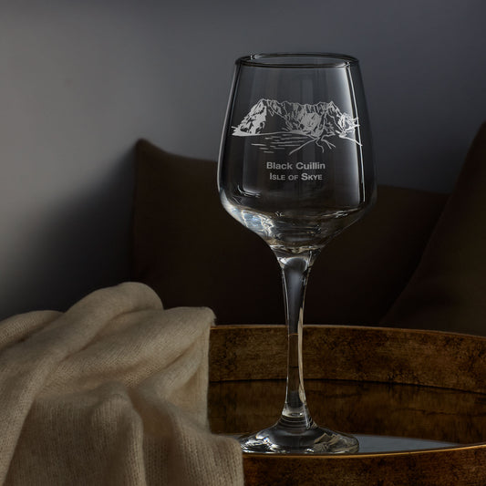Personalised wiine glass engraved with the Black Cuillin, Isle of Skye
