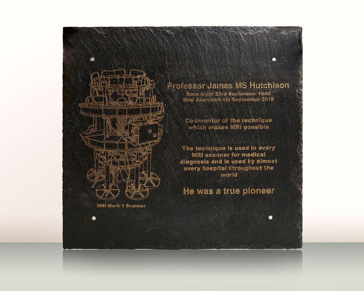 Slate and gold engraved plaque featring teh mark 1 MRI scanner