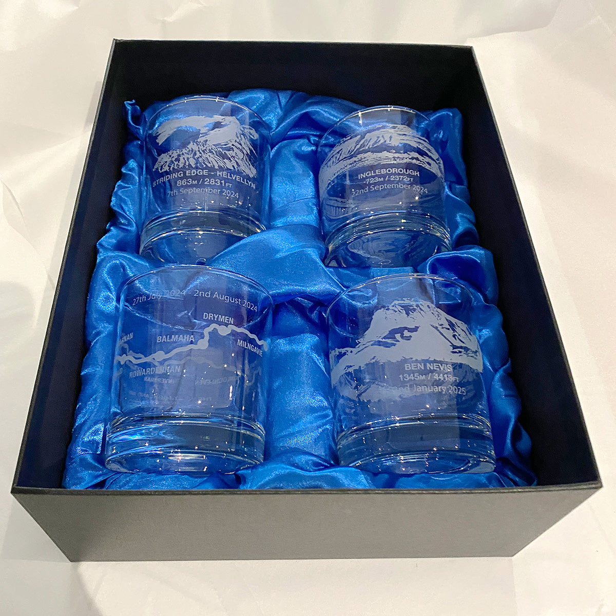 Engraved UK mountains whisky gift set in satin presentation box