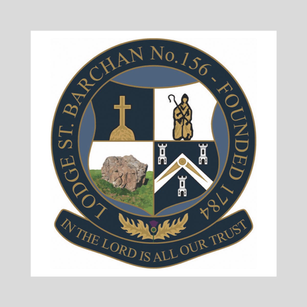 Original Masoinc Coat of arms with religious symbols and text on a gray background