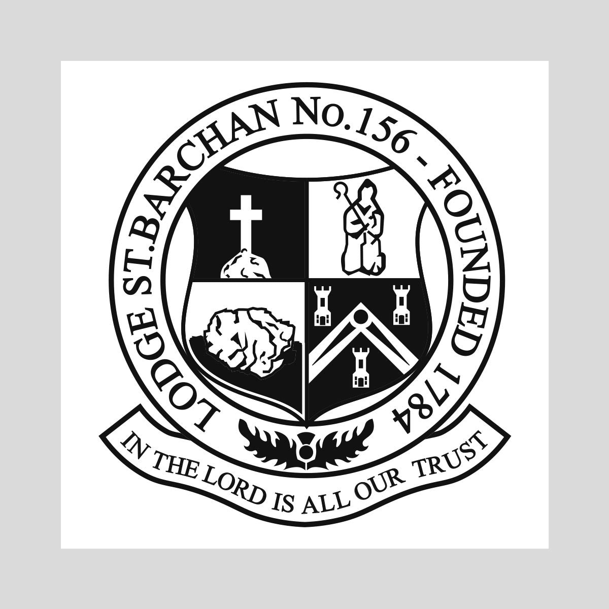 Redrawn Masoinc Coat of arms with religious symbols and text ready for glass engraving