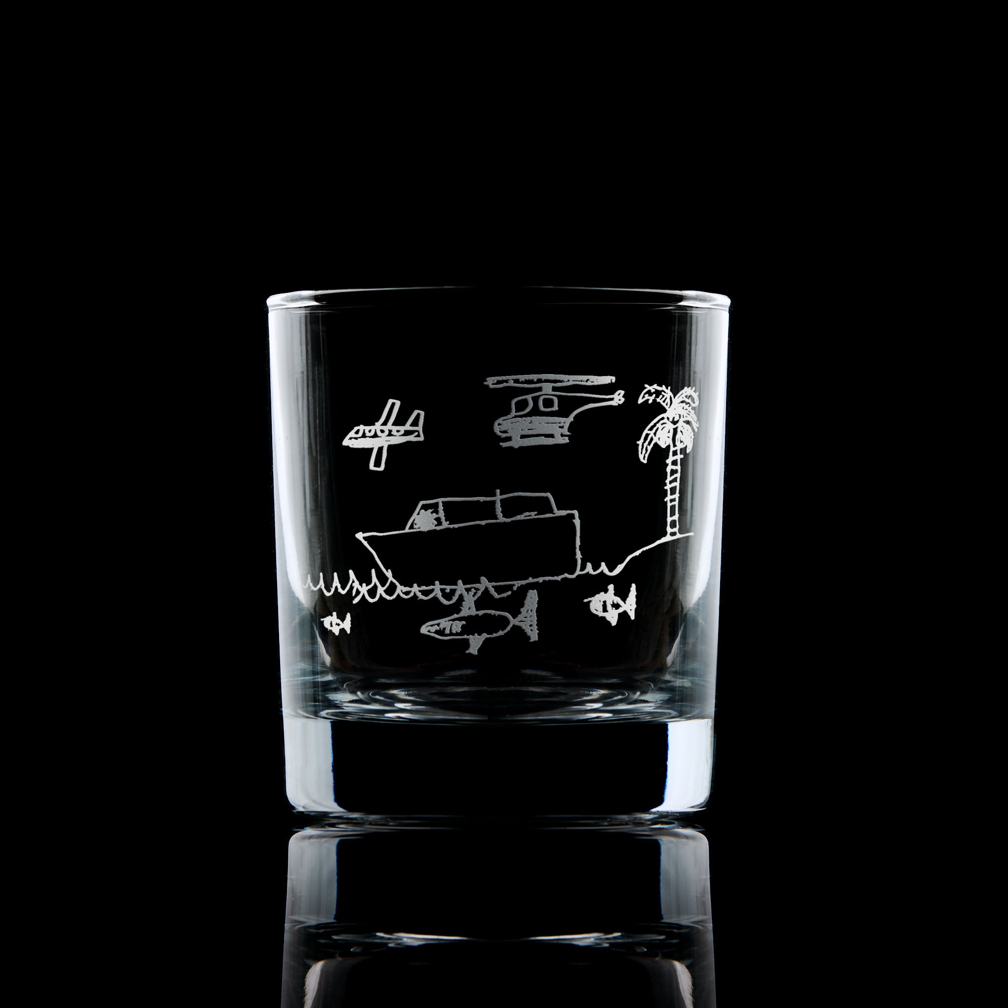 Personalised whisky glass engraved with a childs artwork