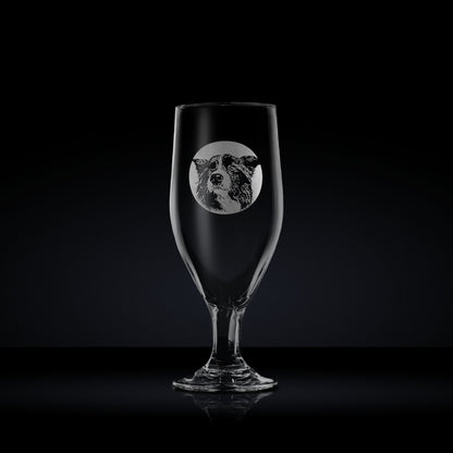 chalice beer glass engraved with a portrait of a border collie dog