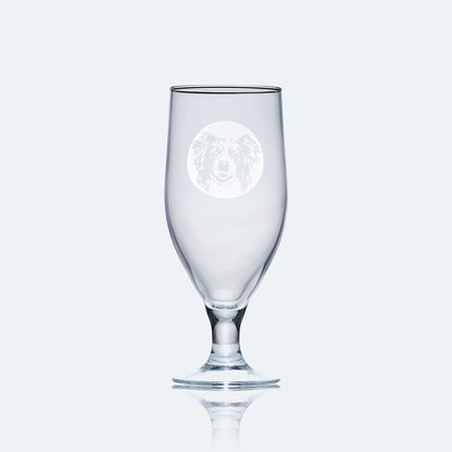 chalice beer glass engraved with a portrait of a border collie dog