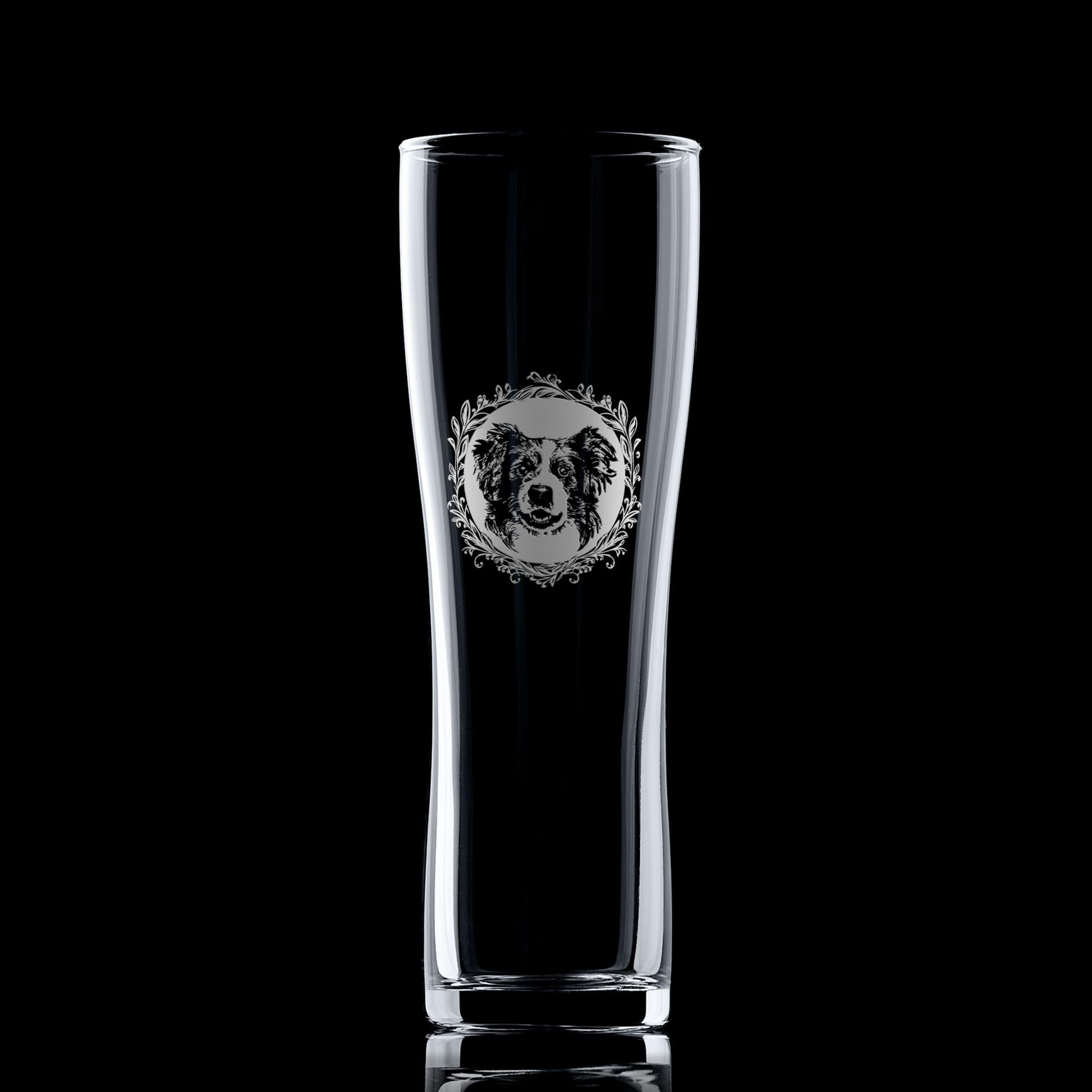 Pint Glass with engraved sheepdog portrait in leafy garland frame