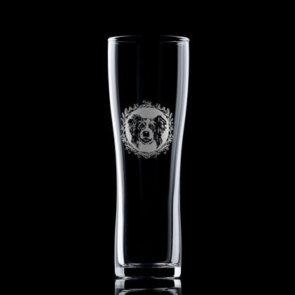 Pint Glass with engraved sheepdog portrait in leafy garland frame