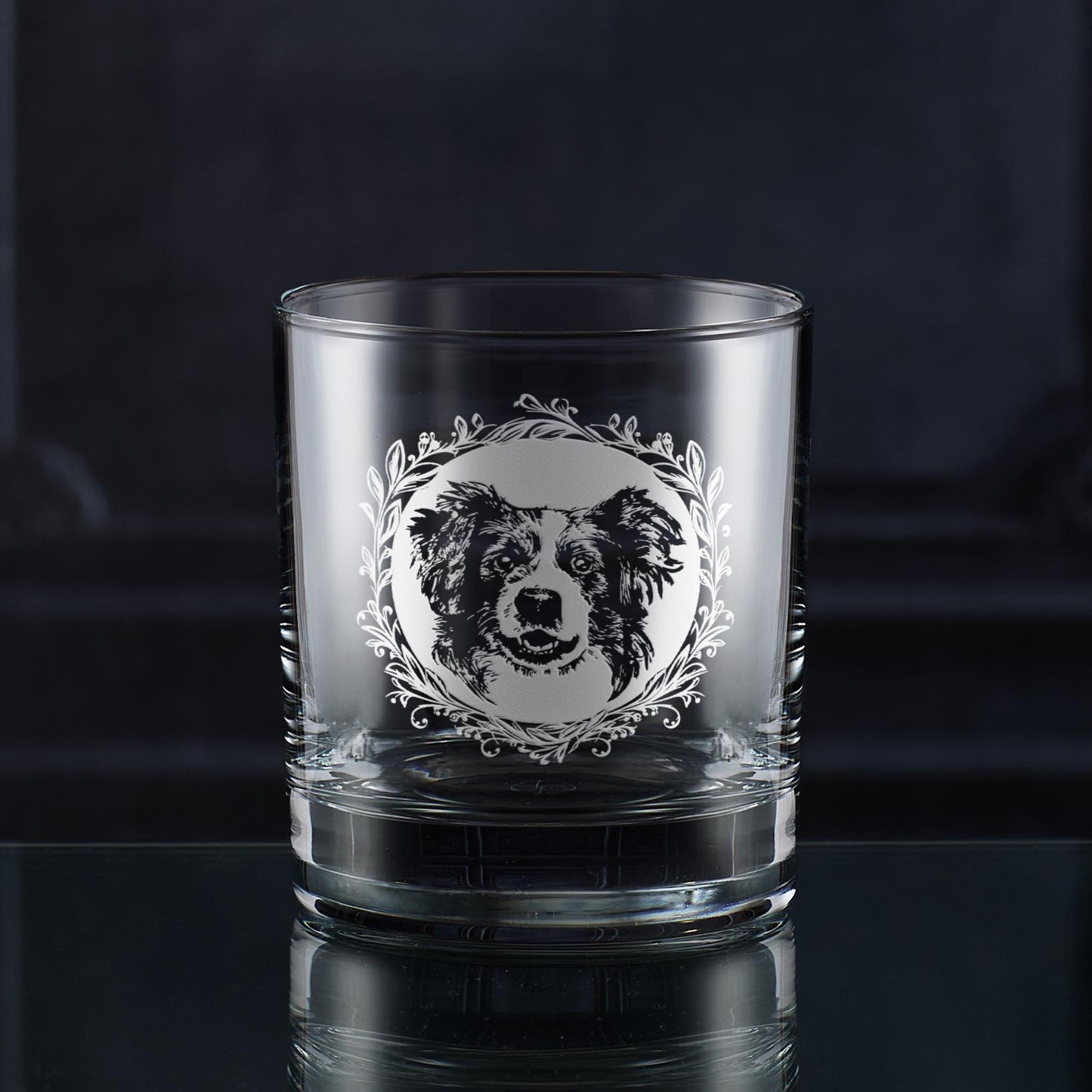Whisky Glass with engraved Border Collie portrait framed with a leafy garland