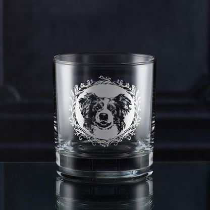 Whisky Glass with engraved Border Collie portrait framed with a leafy garland
