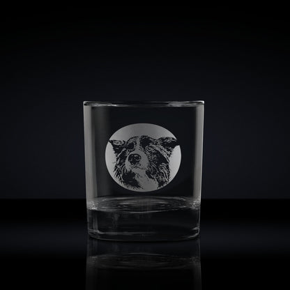 engraved whisky glass etched with a portrait of a border collie dog