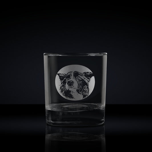 engraved whisky glass etched with a portrait of a border collie dog