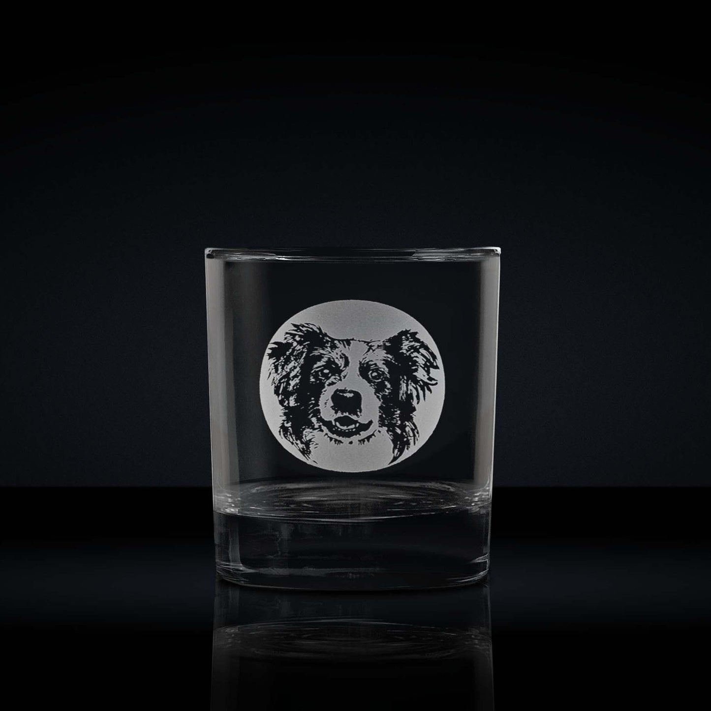 engraved whisky glass etched with a portrait of a border collie dog