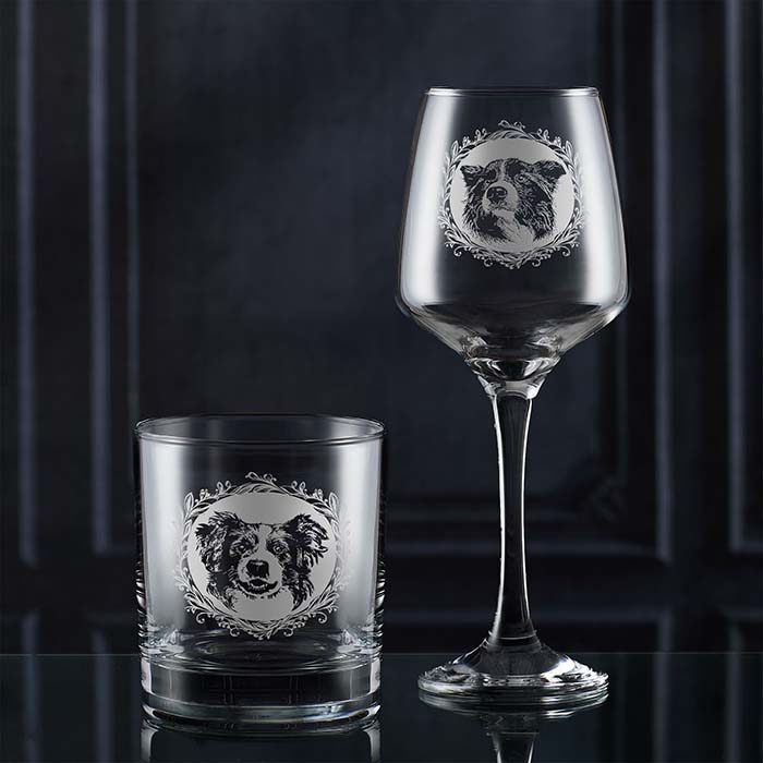 engraved whisky and wine glass with dog portrait designs