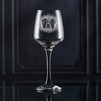 Wine glass with a dog illustration on a dark background