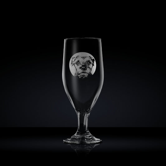 engraved chalice style stemmed beer glass etched with a portrait of border terrier dog