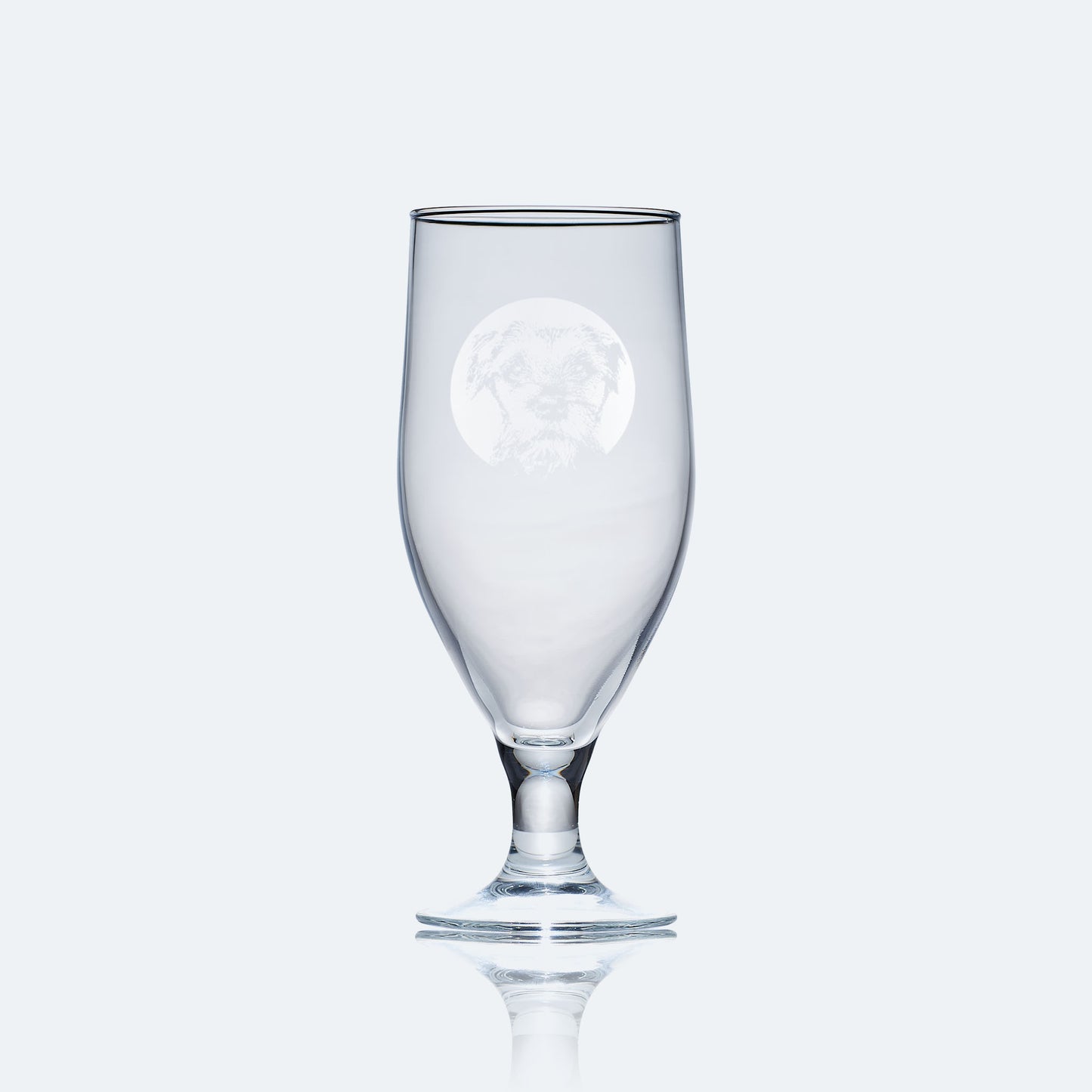 engraved chalice style stemmed beer glass etched with a portrait of border terrier dog