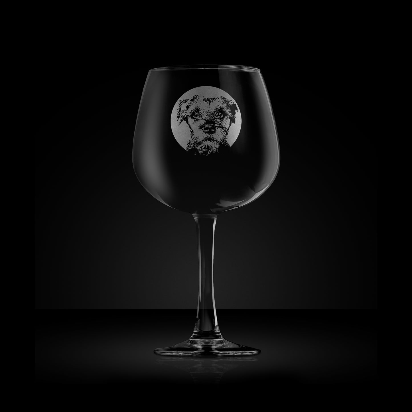 gin glass engraved with a portrait of a border terrier dog