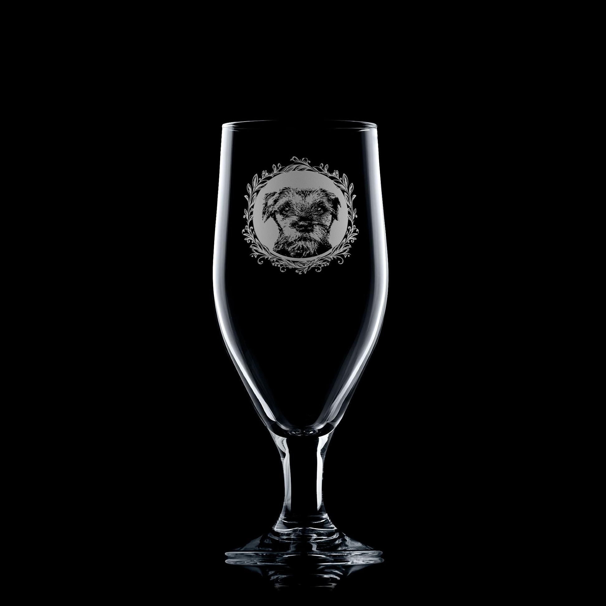 2/3rd Pint Stemmed Beer Glass with engraved border terrier portrait in circular frame with leafy garland