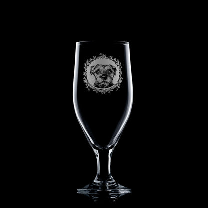 2/3rd Pint Stemmed Beer Glass with engraved border terrier portrait in circular frame with leafy garland