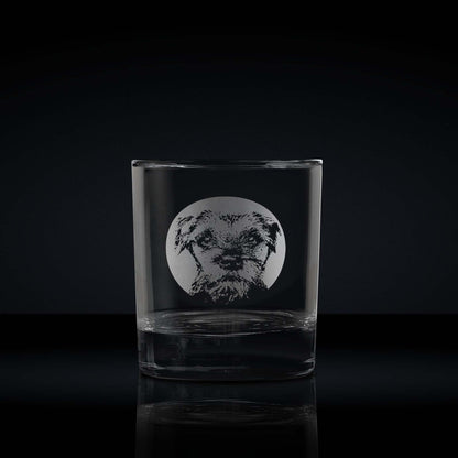 engraved whisky glass etched with a portrait of a border terrier dog