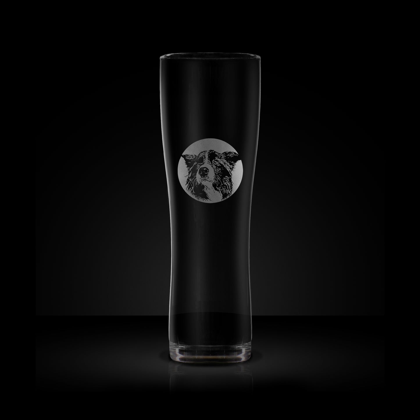 engraved craft beer glass etched with a portrait of a border collie dog