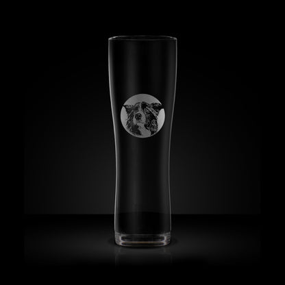 engraved craft beer glass etched with a portrait of a border collie dog