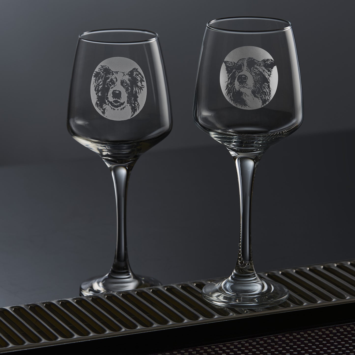 etched wine glass engraved with a portrait of a border collie dog