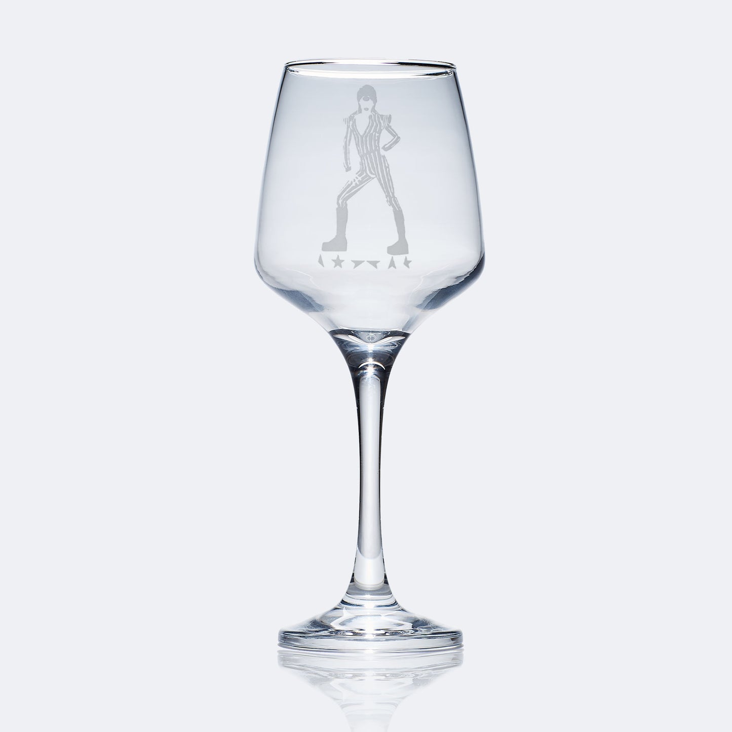 stemmed wine glass engraved with David Bowie's Ziggy Stardust