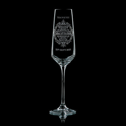 Father of The Bride champagne flute featuring an inricate lacework pattern and personalised with his name and date of his daughters wedding