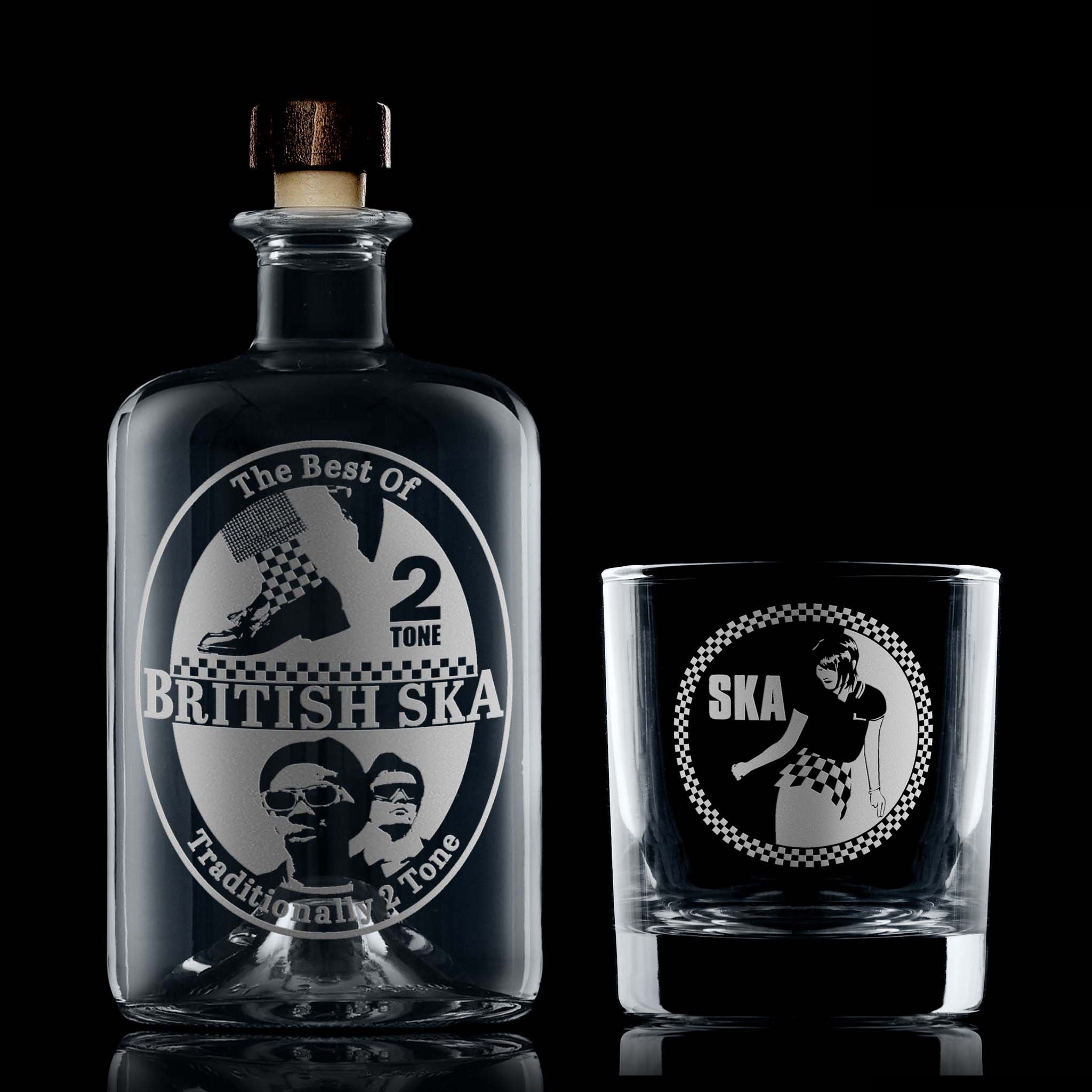 Rude Girl and Britsh SKA engraved whisky gift set, apothecary style decam=nter and old fashioned ocks glass