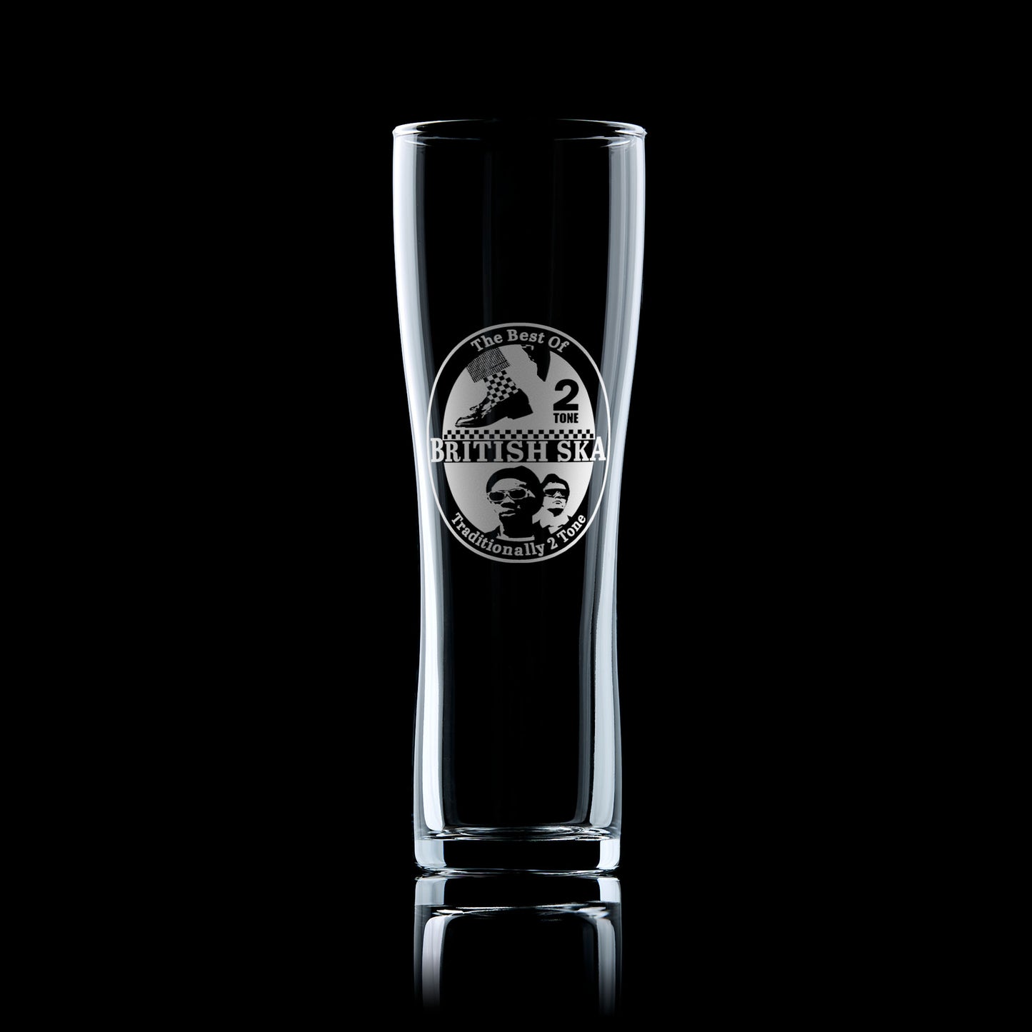 Engraved pint glass featuring a British ska beermat design with 2 Tone music imagery, styled for fans of ska, reggae, and Mod culture.