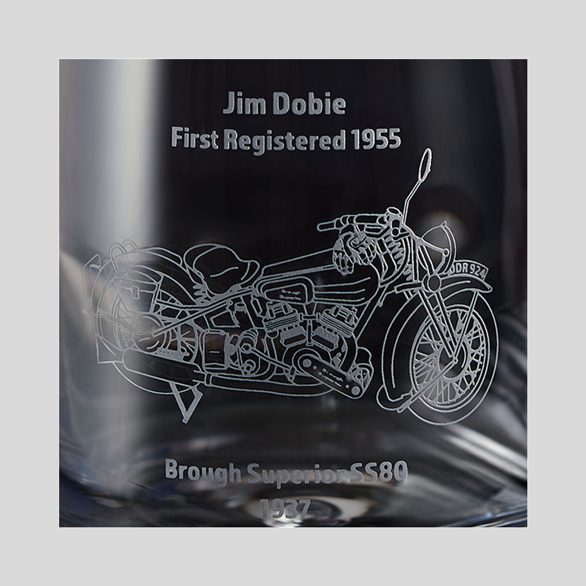Engraving Detail whisky decanter featuring a detailed 1937 Brough Superior SS80 and inscription,  finished piece for a 70th birthday commission.