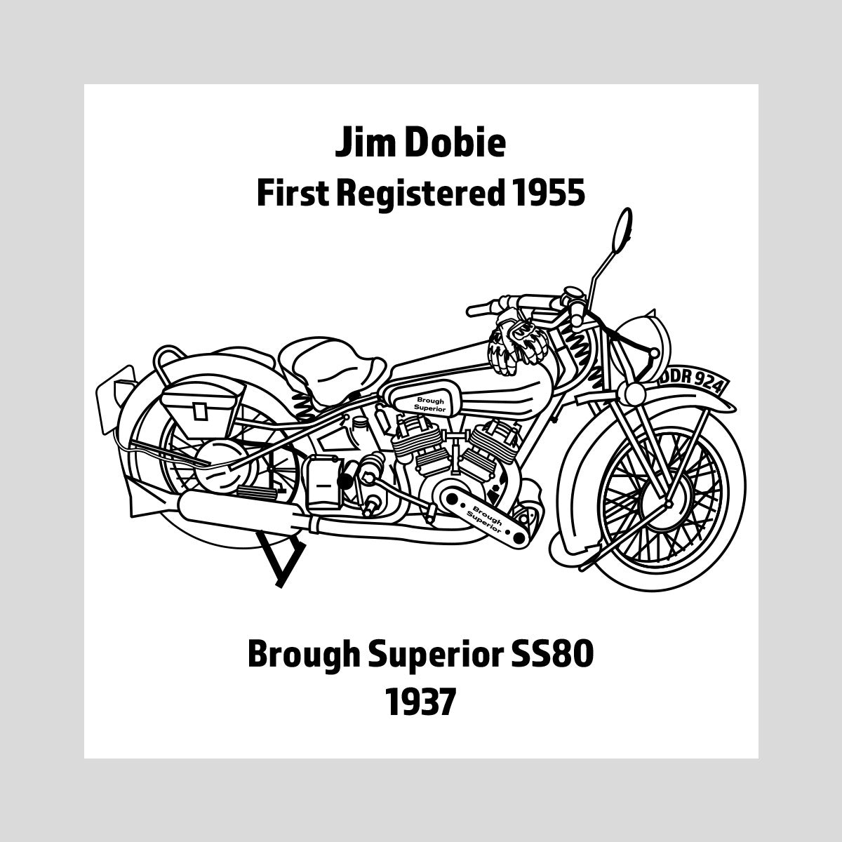Detailed line drawing of a 1937 Brough Superior SS80 motorcycle, prepared for engraving. Every component, including the gloves on the saddle, has been redrawn for accuracy.