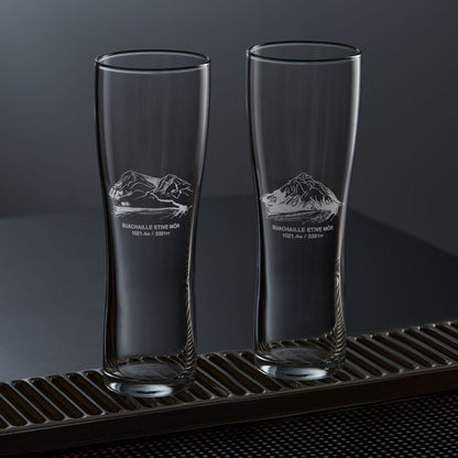 two pint glasses engraved with scottish mountain buachaille etive mor in  glencoe