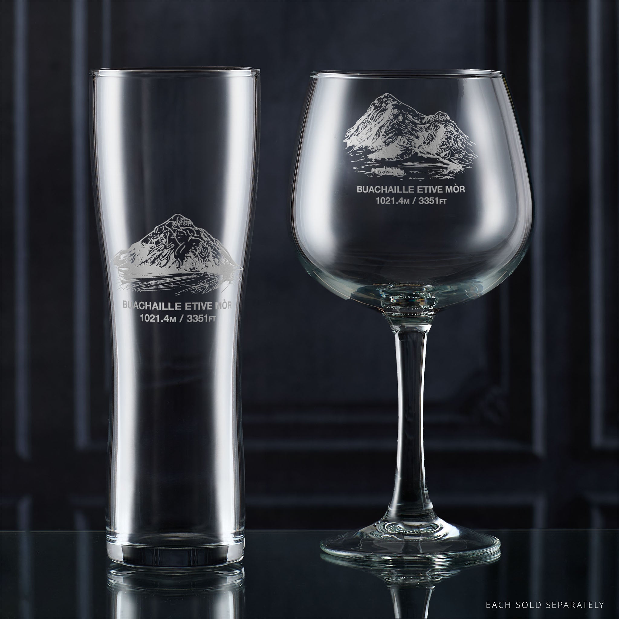 Two glasses with engraved Glencoe mountain design with name and summit height