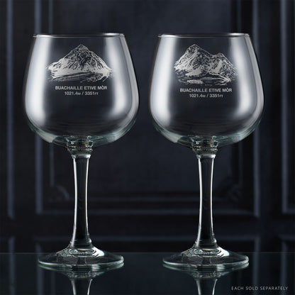 Two gin glasses engraved with the mountain summit Coire na Tulaich, Buachaille Etive Mor in Glencoe