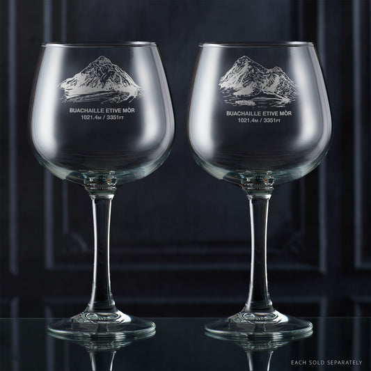 Two gin glasses engraved with the mountain summit Coire na Tulaich, Buachaille Etive Mor in Glencoe